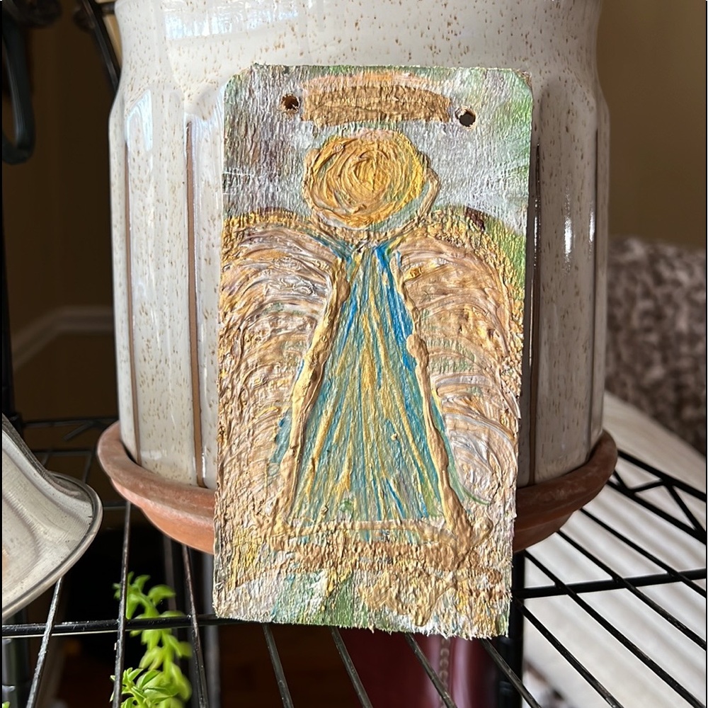 Angel acrylics on distressed wood original art 3”x5” wall hanging / shelf sitter